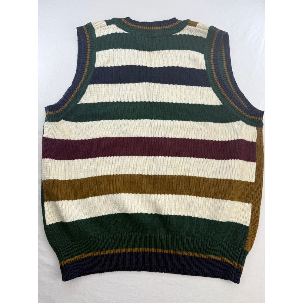 Structure Mens Vintage V-Neck Sweater Vest Striped Ramie Cotton Green Large